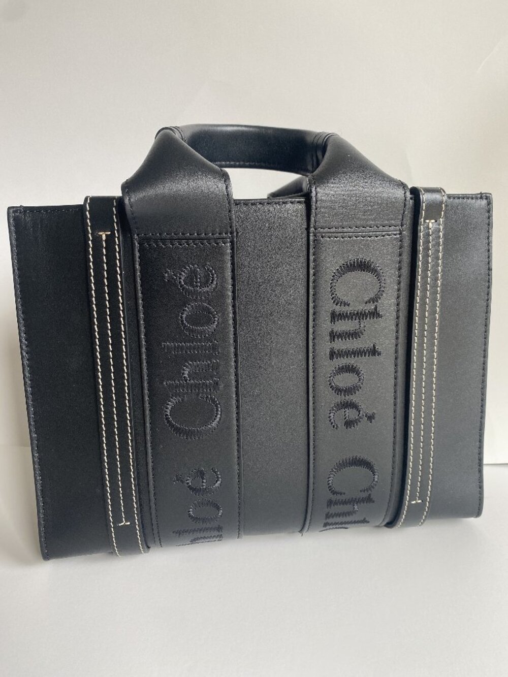 CHLOE Woody Small Tote Bag Black Smooth Calfskin Leather w/ Strap Full Set
